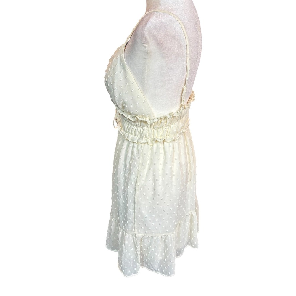 Wishful Thinking Cream Swiss Dot Mini Dress Smocked Waist Ruffle Hem Medium #390 - Picture 2 of 11